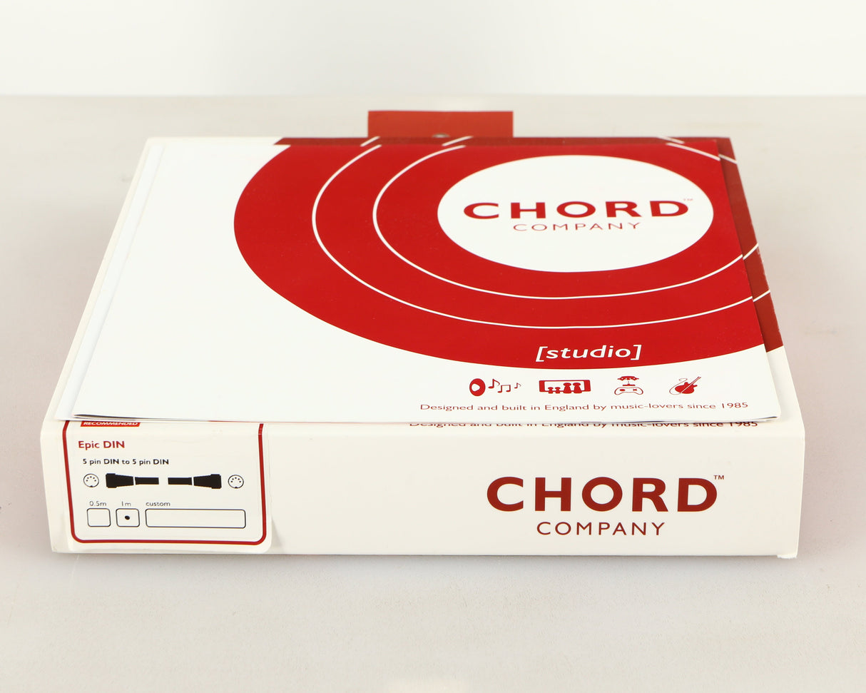 Box for a used Chord Company Epic Interconnect DIN-DIN Interconnect Cable 1.0m showing Manual