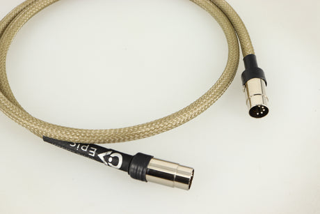 Close up of a used Chord Company Epic Interconnect DIN-DIN Interconnect Cable 1.0m showing connectors