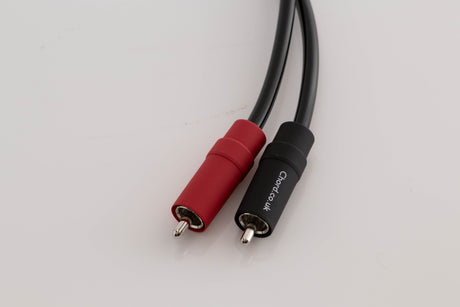 Close up view of a used Chord Company Epic X Aray 1.0m 2 RCA - Din Interconnect Cable