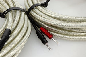 Close up of some used Chord Company Shawline X Speaker Cables 10M & 7M Pair showing the connectors