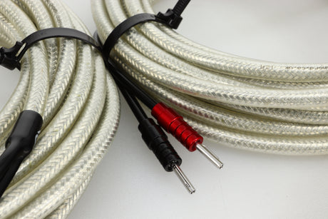 Close up of some used Chord Company Shawline X Speaker Cables 10M & 7M Pair showing the connectors