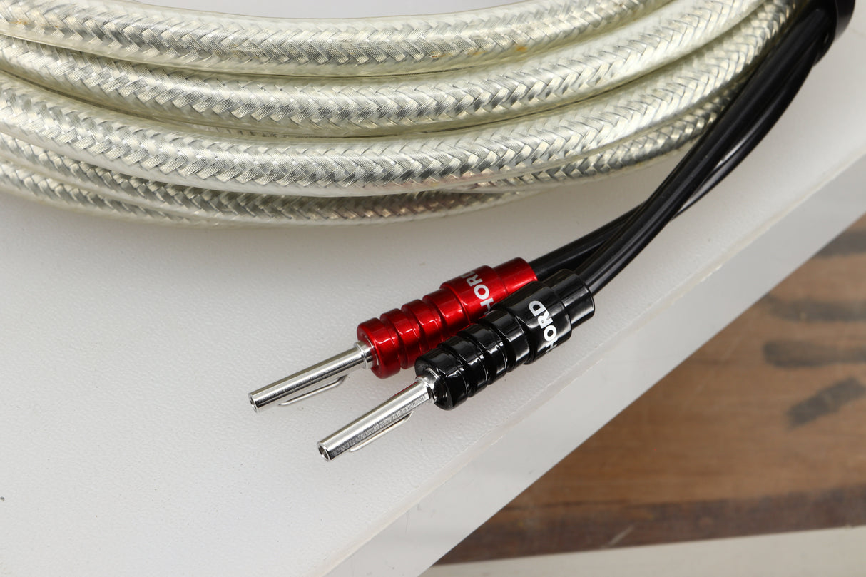 Close up of some used Chord Company Shawline X Speaker Cables 10M & 7M Pair showing the connectors