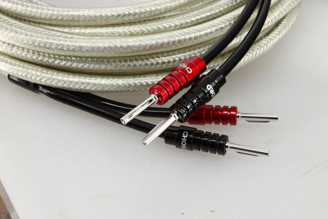 Close up of some used Chord Company Shawline X Speaker Cables 10M & 7M Pair showing the connectors