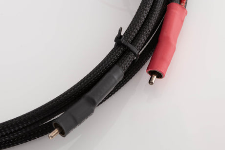 Close up of a used Chord Company Signature RCA-RCA 1.0m Interconnect Cable showing connectors