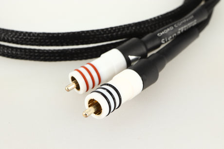 Close up of a used Chord Company Signature Tuned ARAY RCA-RCA Interconnect Cable 1.0m showing connectors