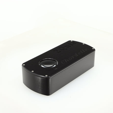 Front left corner of a used Chord electronics 2Qute Chordette Digital Analogue Converter in a black finish
