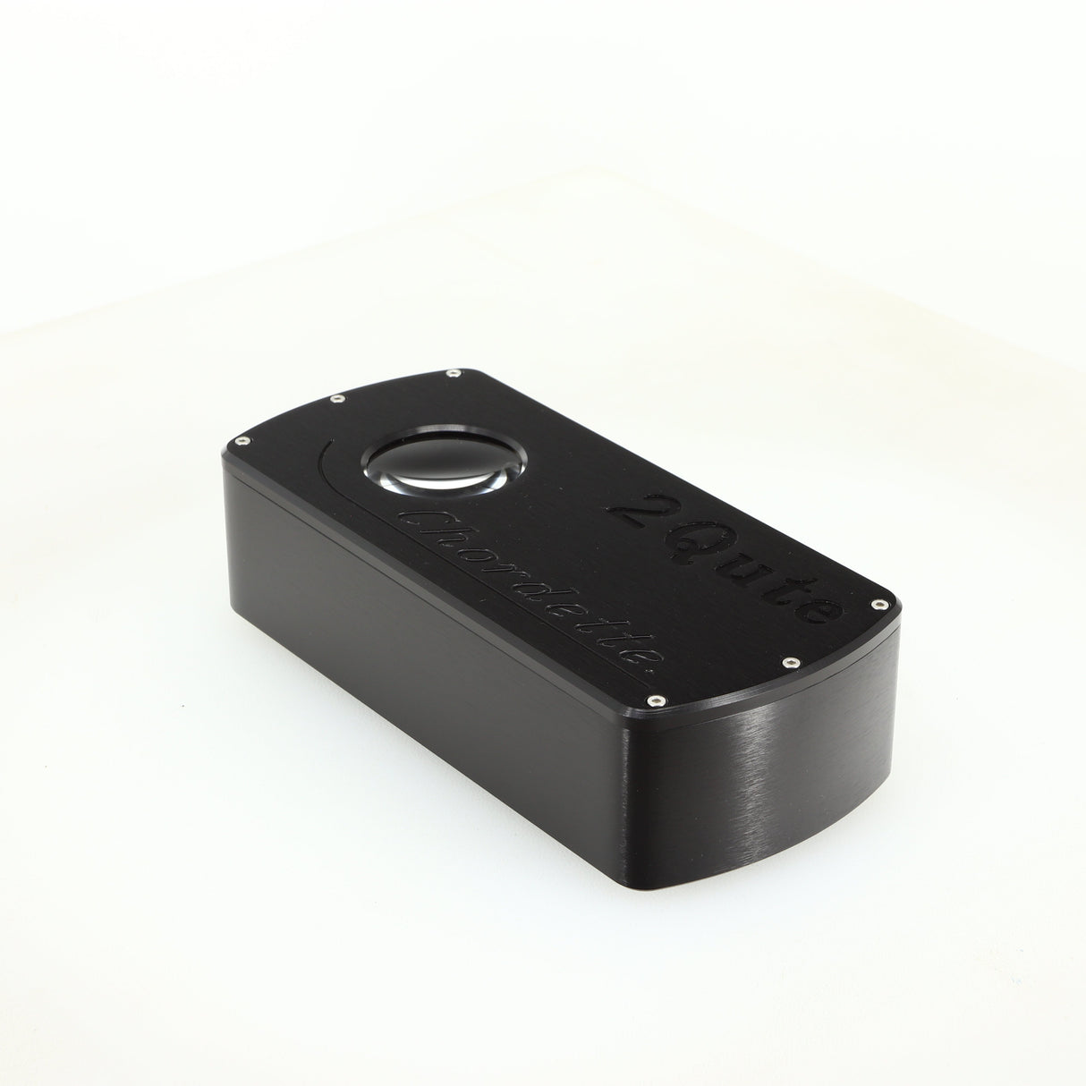 Front right corner of a used Chord electronics 2Qute Chordette Digital Analogue Converter in a black finish