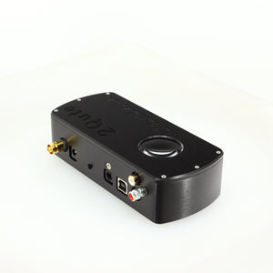 Rear left corner of a used Chord electronics 2Qute Chordette Digital Analogue Converter in a black finish