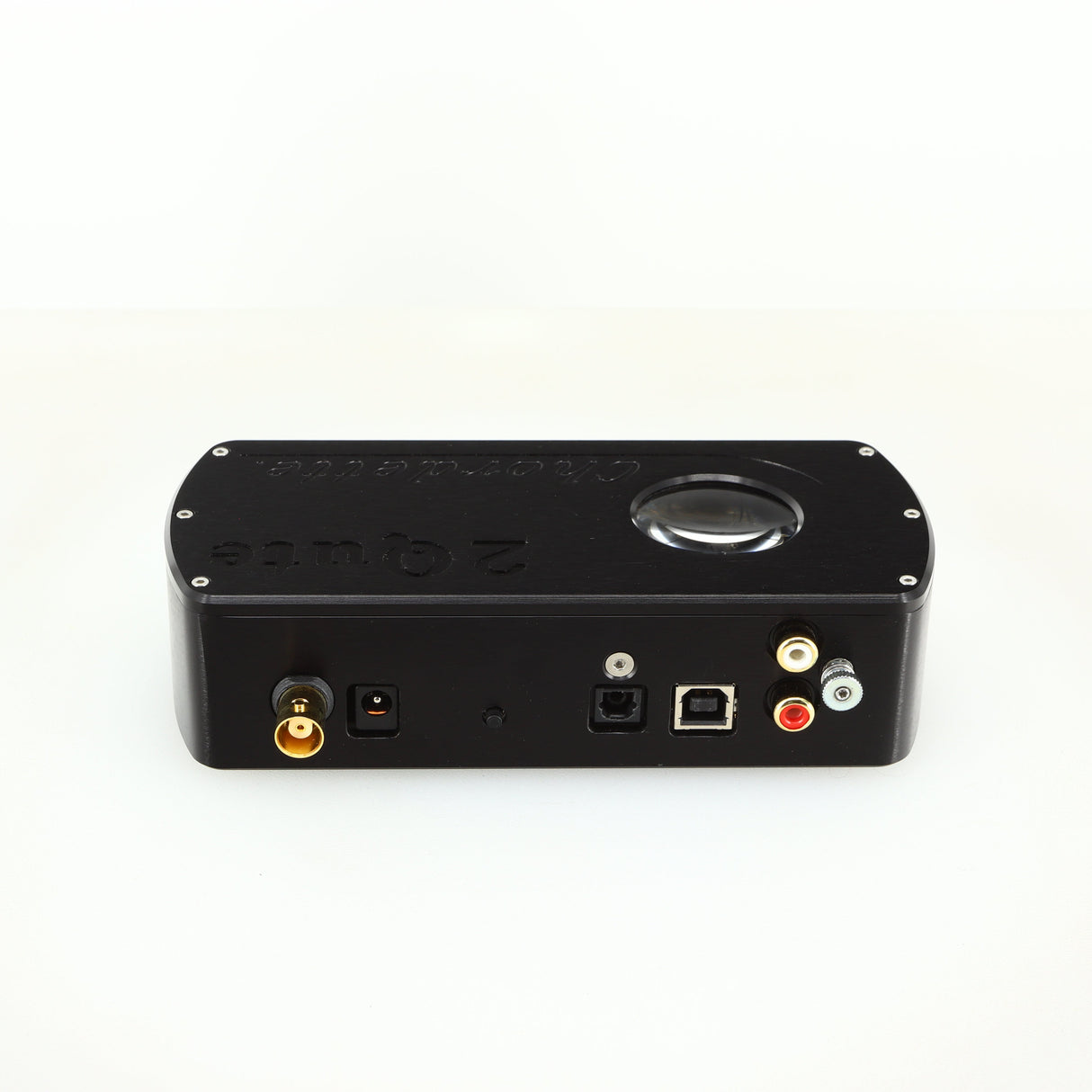 Rear view of a used Chord electronics 2Qute Chordette Digital Analogue Converter in a black finish showing Phono Inputs, Power Input and Optical Input