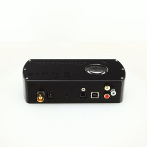 Rear view of a used Chord electronics 2Qute Chordette Digital Analogue Converter in a black finish showing Phono Inputs, Power Input and Optical Input