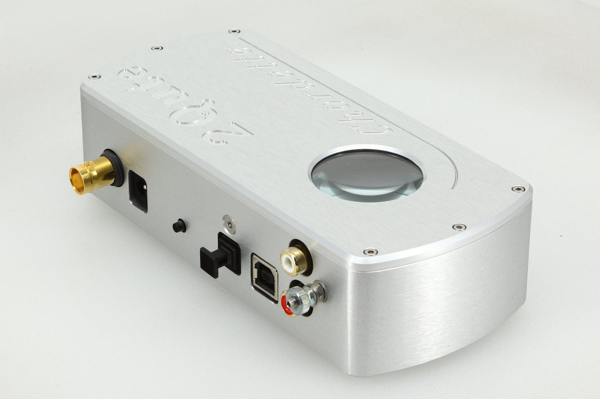 Rear left angle of a used Chord Electronics 2Qute Digital Analogue Converter in a silver finish
