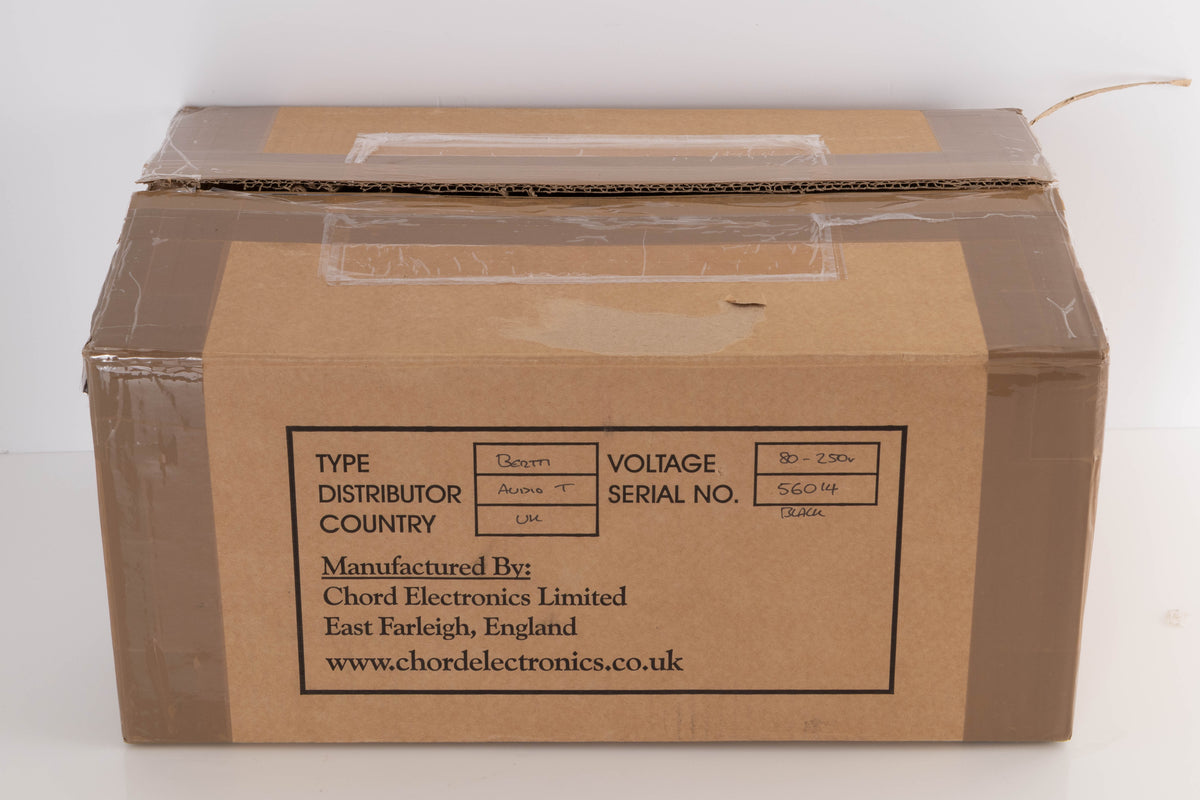 Box for a used Chord Electronics Bertti Power Amplifier in a Black finish