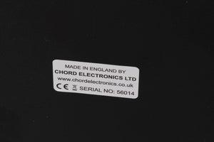 Close up of a used Chord Electronics Bertti Power Amplifier in a Black finish showing serial number