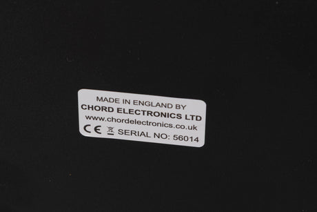Close up of a used Chord Electronics Bertti Power Amplifier in a Black finish showing serial number