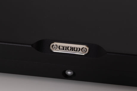 Close up of a used Chord Electronics Bertti Power Amplifier in a Black finish showing some of the fascia