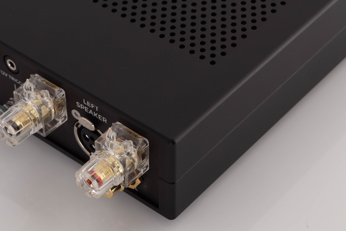 Rear left corner of a used Chord Electronics Bertti Power Amplifier in a Black finish