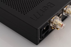 Rear right corner of a used Chord Electronics Bertti Power Amplifier in a Black finish