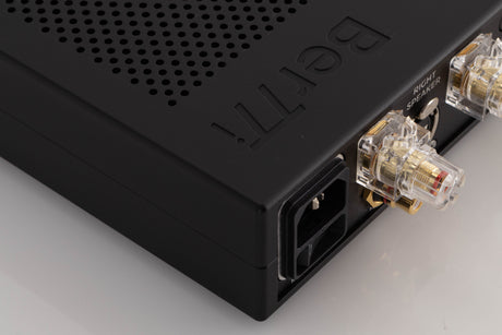 Rear right corner of a used Chord Electronics Bertti Power Amplifier in a Black finish