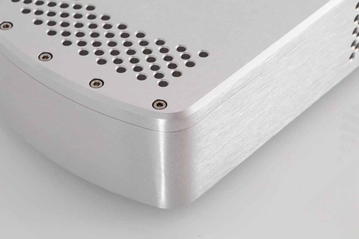 Front left corner of a used Chord Electronics Etude Power Amplifier in a Silver finish