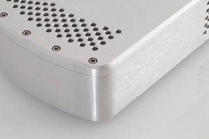 Front left corner of a used Chord Electronics Etude Power Amplifier in a Silver finish