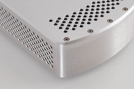 Front right corner of a used Chord Electronics Etude Power Amplifier in a Silver finish