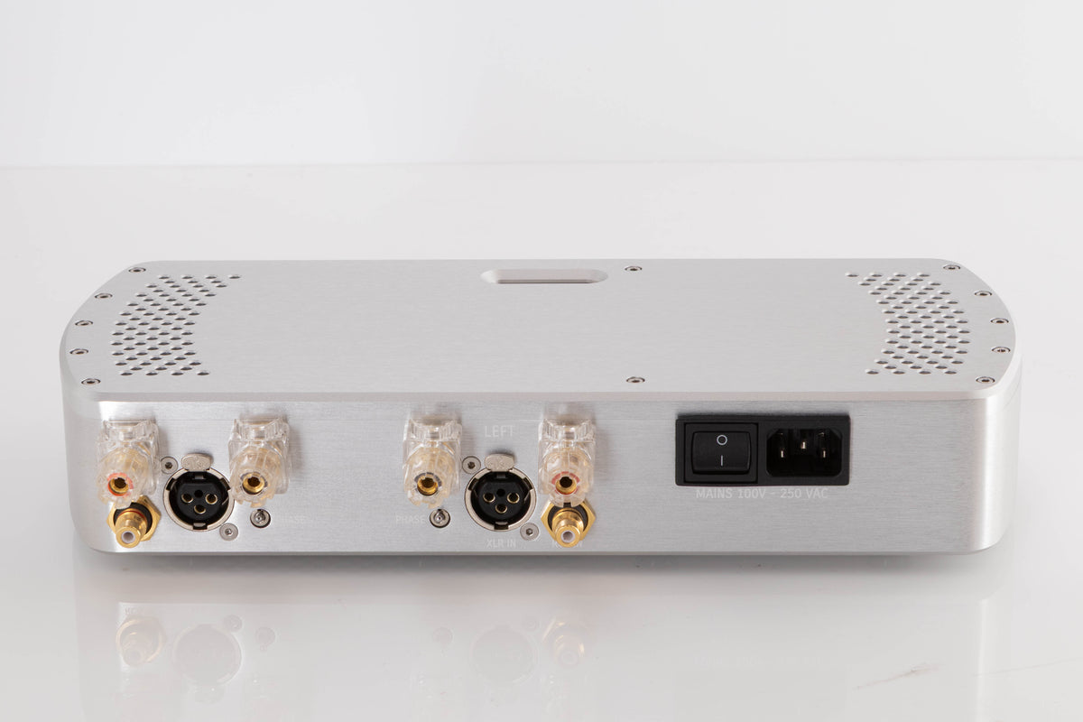 Rear view of a used Chord Electronics Etude Power Amplifier in a Silver finish showing Mains Input