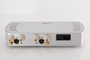 Rear view of a used Chord Electronics Etude Power Amplifier in a Silver finish showing Mains Input
