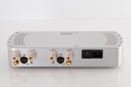 Rear view of a used Chord Electronics Etude Power Amplifier in a Silver finish showing Mains Input