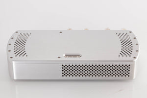 Top of a used Chord Electronics Etude Power Amplifier in a Silver finish