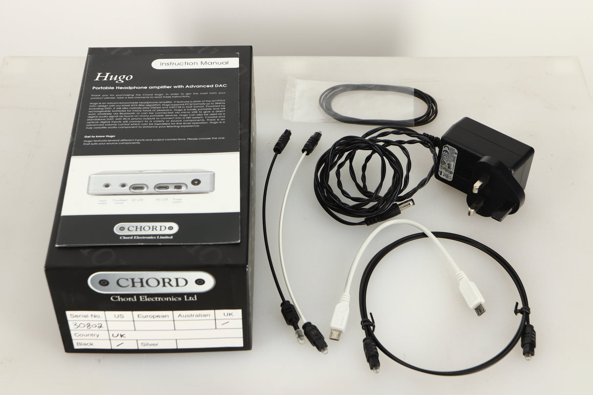 Box of a used Chord Electronics Hugo DAC / Headphone Amplifier in Black finish with mains cable, manual, 3x optical cables, USB cable, and rubber bands 