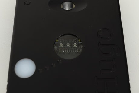 Close up view of a used Chord Electronics Hugo DAC / Headphone Amplifier in Black finish