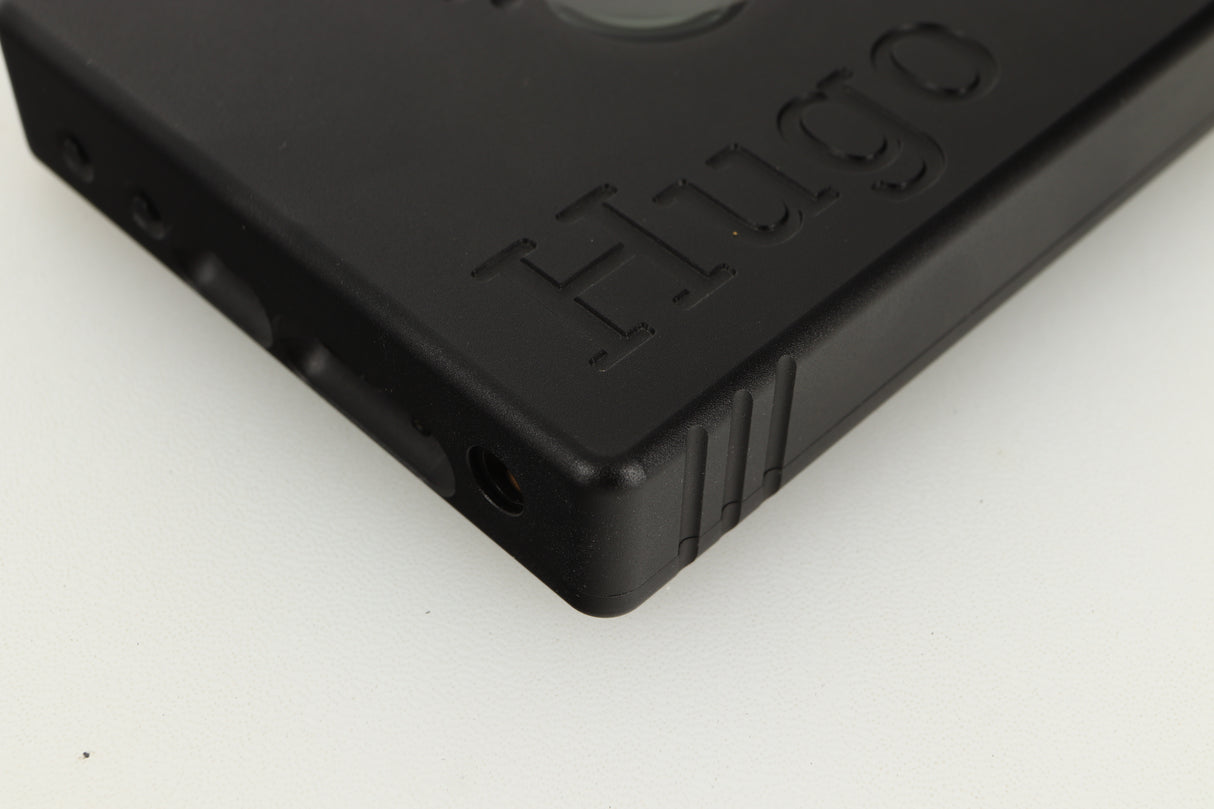 Front left corner view of a used Chord Electronics Hugo DAC / Headphone Amplifier in Black finish