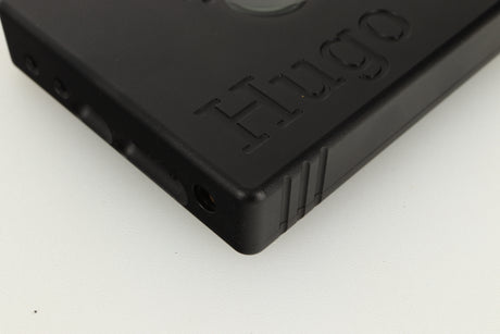 Front left corner view of a used Chord Electronics Hugo DAC / Headphone Amplifier in Black finish