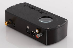 Rear left corner of a used Chord Electronics Qute HD Digital Analogue Converter in a Black finish