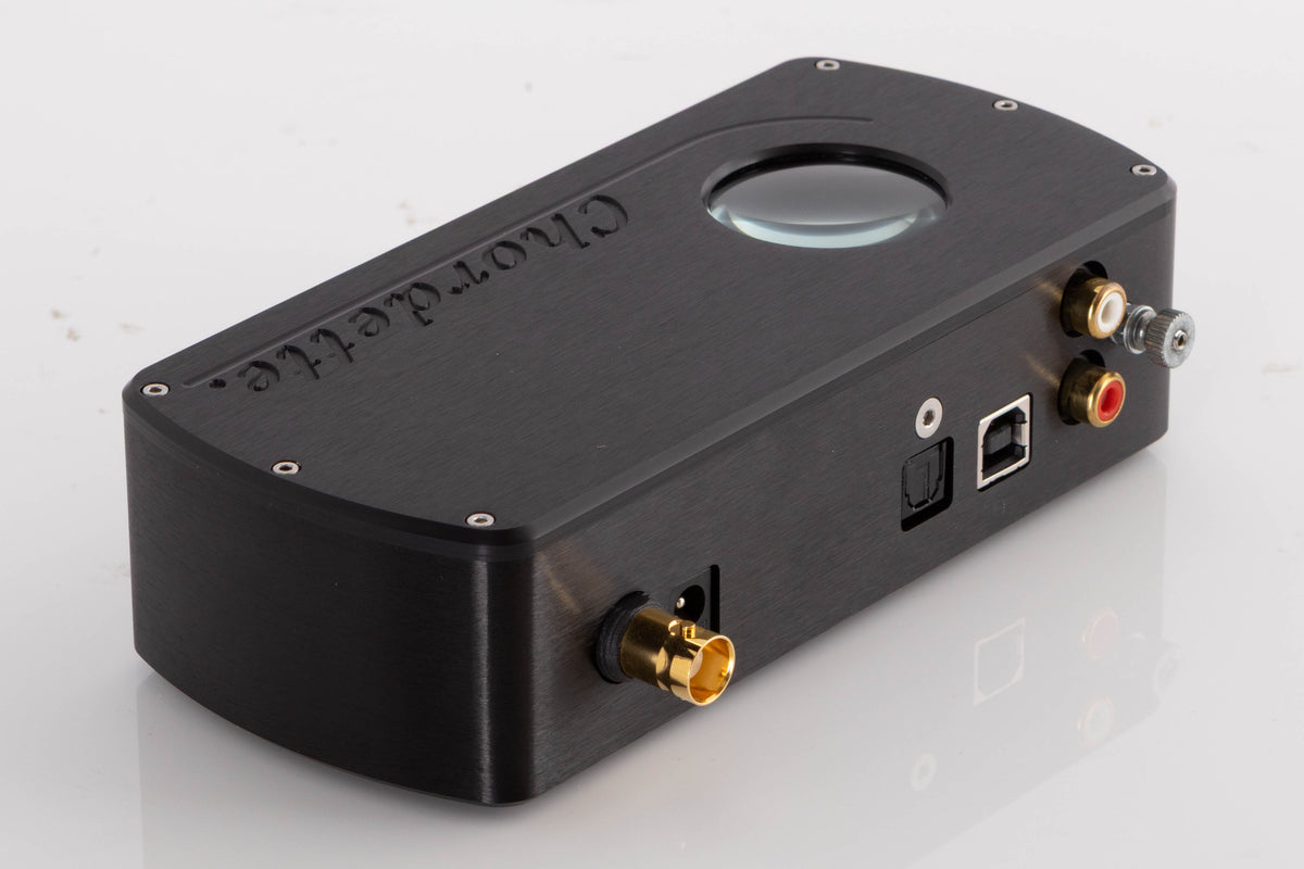 Rear right corner of a used Chord Electronics Qute HD Digital Analogue Converter in a Black finish