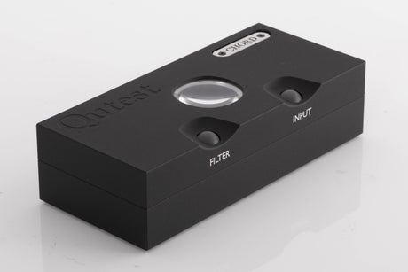 Front right corner of a used Chord Electronics Qutest Digital Analogue Converter in a Black finish