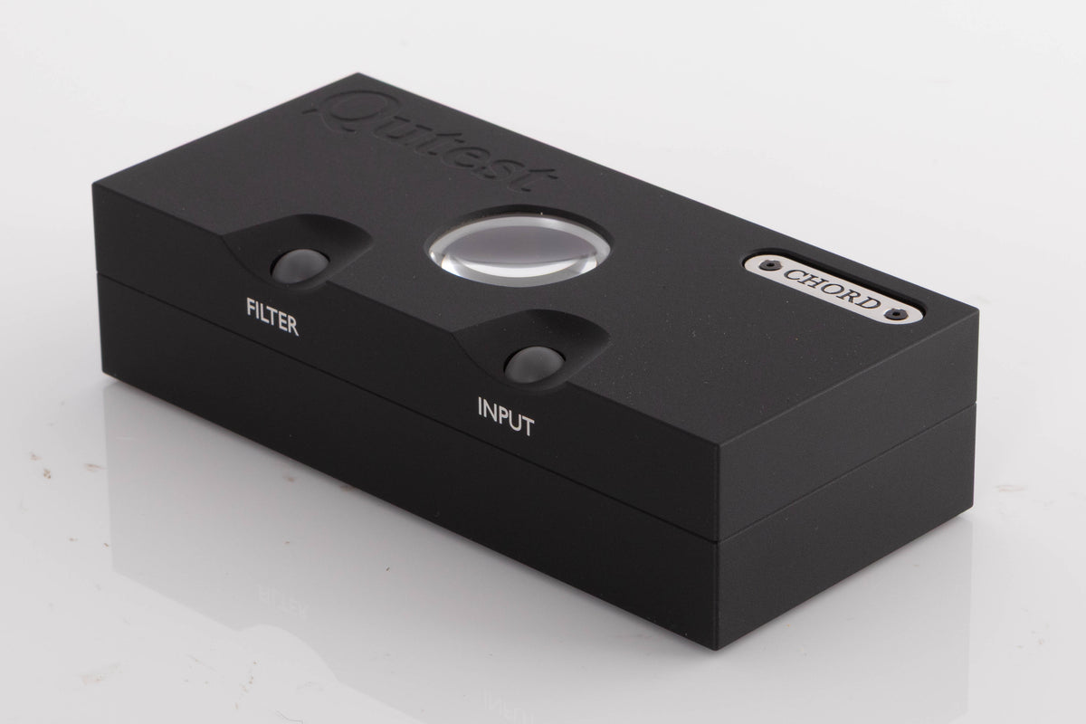 Front right corner of a used Chord Electronics Qutest Digital Analogue Converter in a Black finish