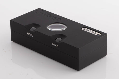 Front right corner of a used Chord Electronics Qutest Digital Analogue Converter in a Black finish