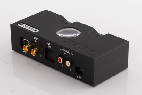 Rear left corner of a used Chord Electronics Qutest Digital Analogue Converter in a Black finish