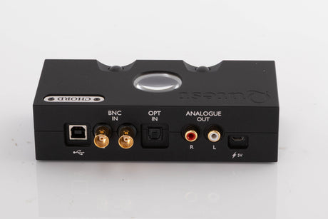 Rear view of a used Chord Electronics Qutest Digital Analogue Converter in a Black finish showing Optical Input, BNC Inputs and Analogue Outputs