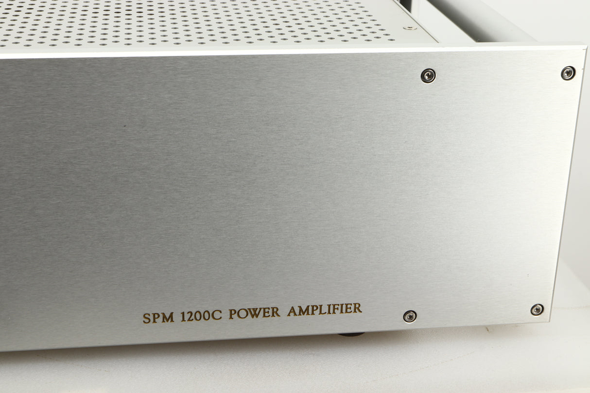 Close up view of a used Chord Electronics SPM1200C Power Amplifier in Silver finish