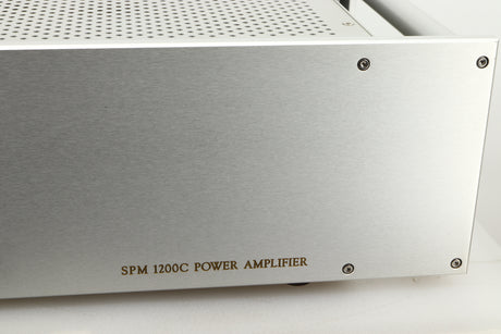 Close up view of a used Chord Electronics SPM1200C Power Amplifier in Silver finish