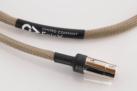 Close up of a used Chord Epic X 2RCA-DIN 1.0m Interconnect Cable showing connector
