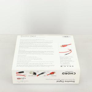 Box for a used Chord Shawline USB Cable 1.0m in red showing Warranty Card