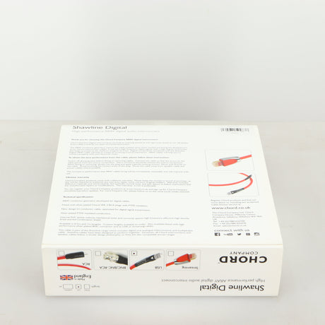 Box for a used Chord Shawline USB Cable 1.0m in red showing Warranty Card