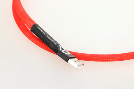 Close up of a used Chord Shawline USB Cable 1.0m in red showing connector