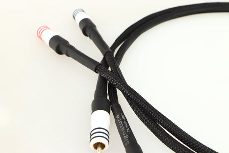 Close up of a used Chord Signature Tuned Aray Interconnect Cable 1.0m RCA-RCA showing connectors