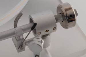 Close up view of a used ClearAudio Emotion Turntable with AT-VM95C Cartridge