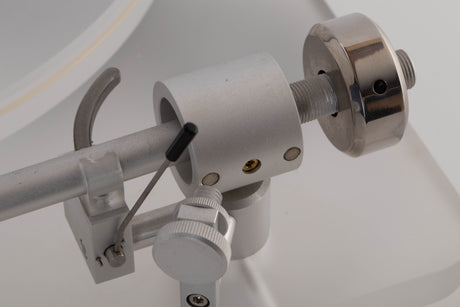Close up view of a used ClearAudio Emotion Turntable with AT-VM95C Cartridge