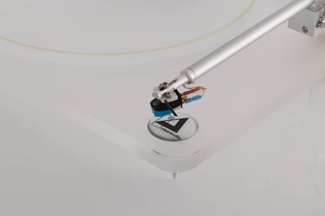 Front right corner view of a used ClearAudio Emotion Turntable with AT-VM95C Cartridge